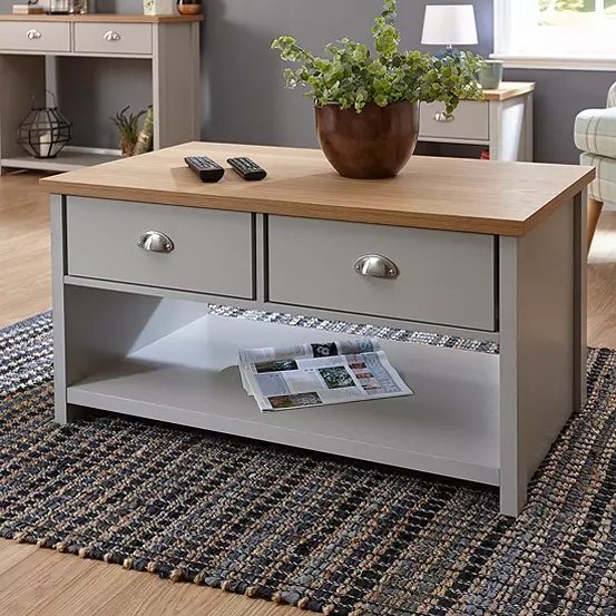 GFW Lancaster 2 Drawer Coffee Table in Cream with Oak Veneer Top