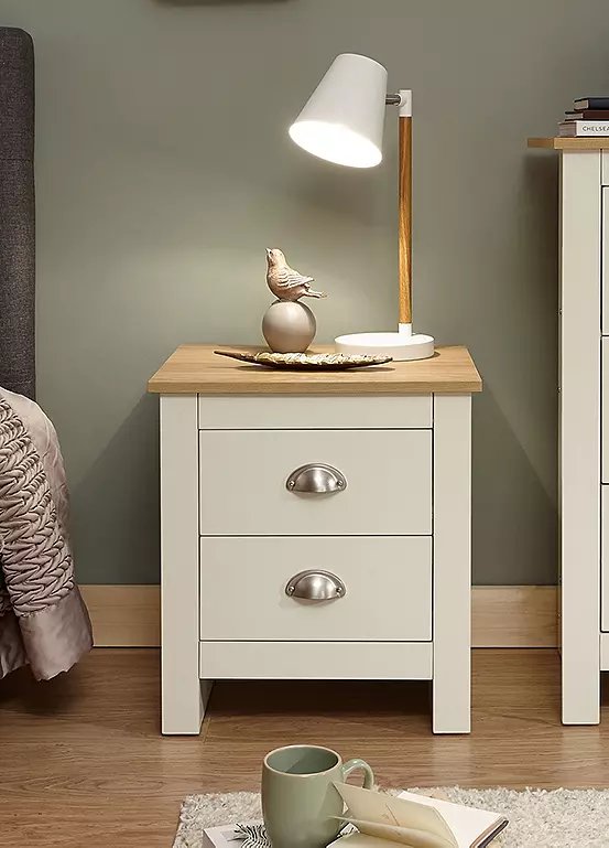 GFW Lancaster 2 Drawer Bedside Table in Cream with Oak Top