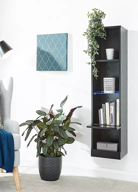 GFW Galicia Wall Mounted Narrow LED Bookcase in Black