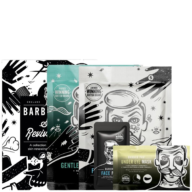 Barber Pro Skin Revival Kit with Sheet Mask, Under Eye Mask, Foaming Mask and Peel-Off Mask