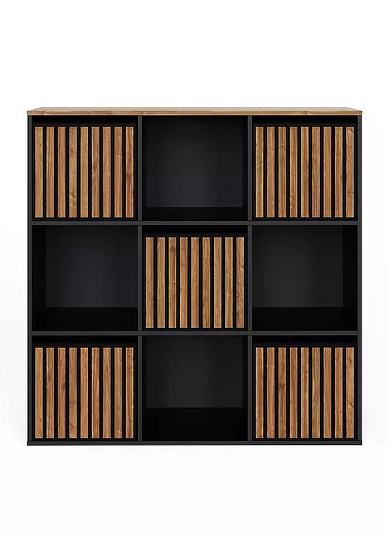 GFW Kube 9 Cube Storage Unit with Five Oak-Effect Slatted Boxes - Black & Oak