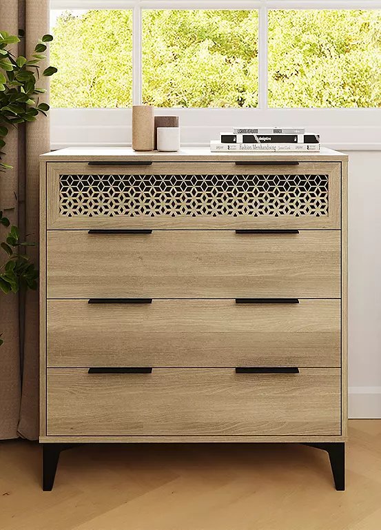 GFW Ezra 4 Drawer Chest in Oak Finish with Laser-Cut Geometric Design