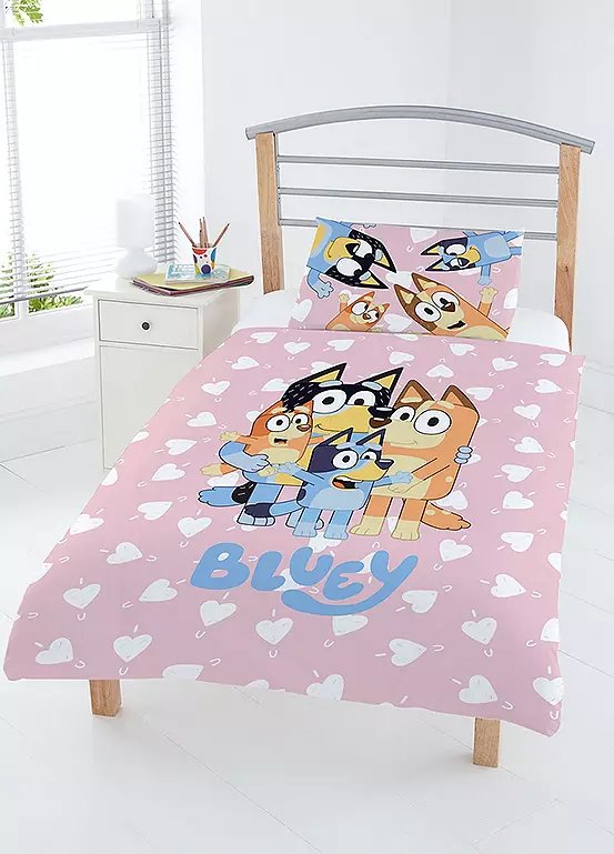 Bluey Cotton Hearts Pink Toddler Bedding Set with Reversible Duvet Cover and Pillowcase