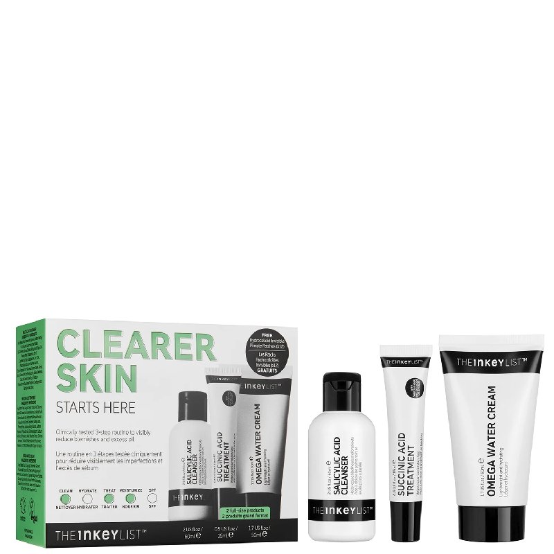 The INKEY List Clearer Skin Starts Here Set with Salicylic Acid Cleanser, Succinic Acid Treatment, Omega Water Cream and Pimple Patches