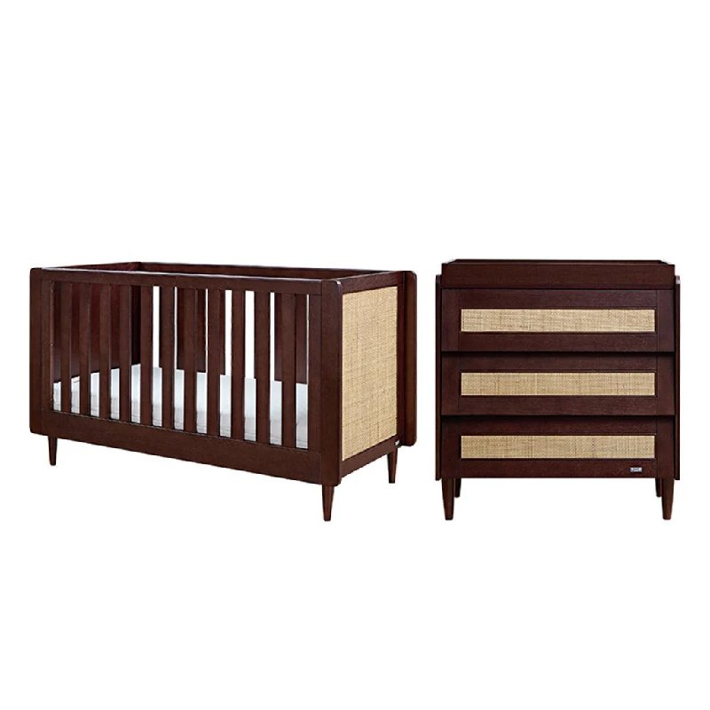 Tutti Bambini Japandi 2-Piece Nursery Furniture Set in Walnut with Cot Bed and Chest Changer