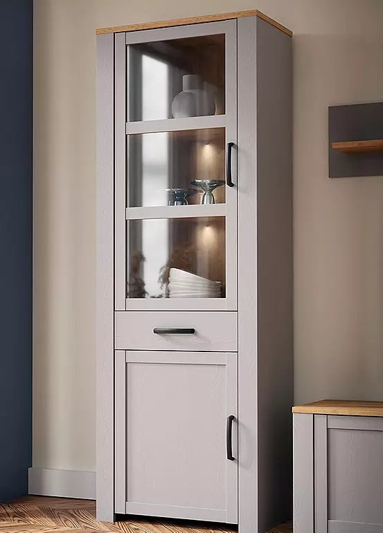 Furniture To Go Bohol Narrow Display Cabinet with 2 LED Lights in Riviera Oak/Grey Oak