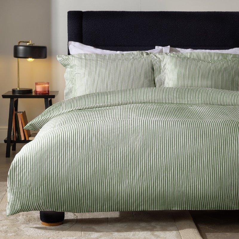 Habitat Cotton Stripe Oxford Edge Bedding Set - King Size, Moss Green