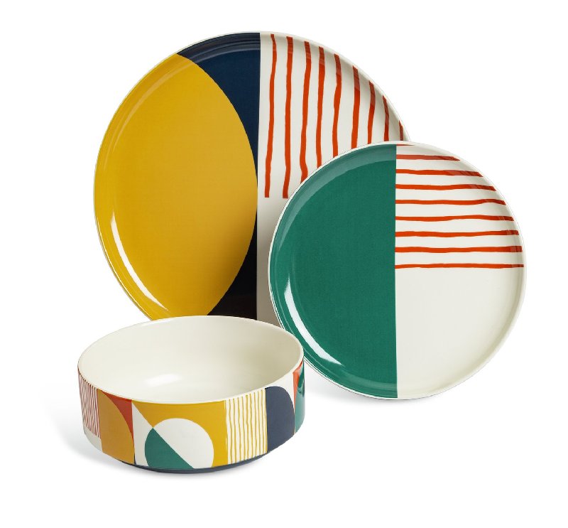 Habitat Geo Decal 12-Piece Dinner Set in Multicoloured Stoneware
