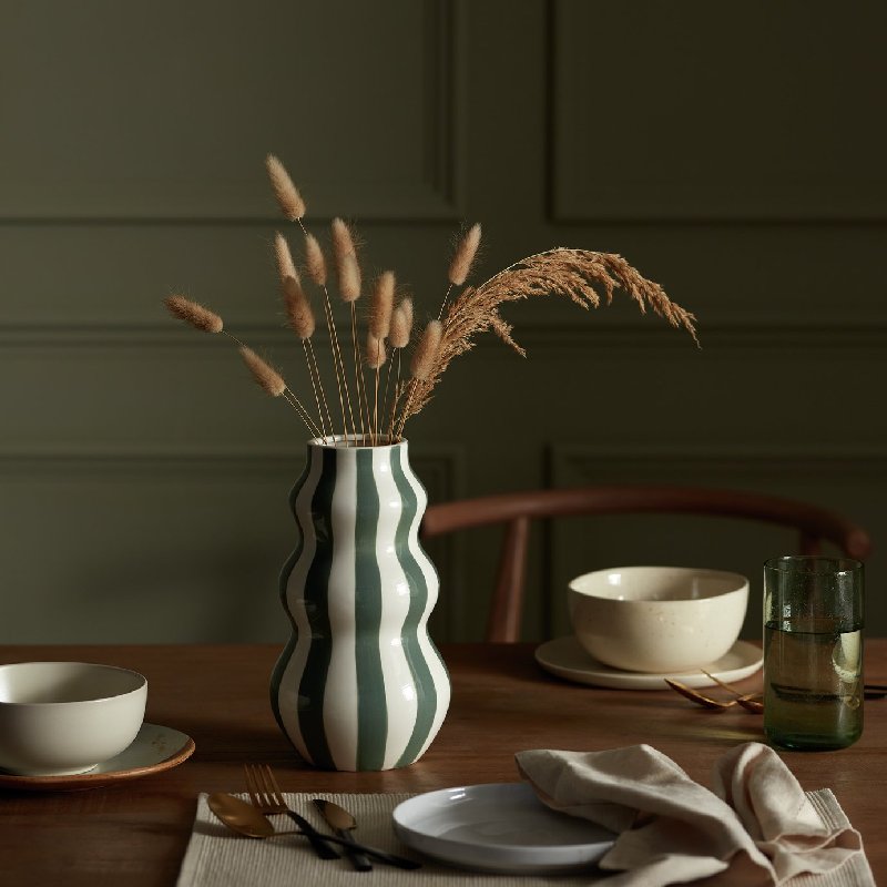 Habitat Hand Painted Stripe Vase - Green, 25cm Height