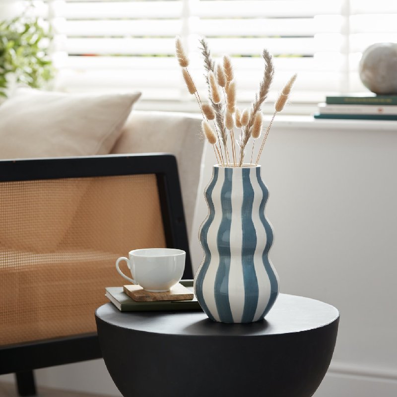 Habitat Hand Painted Stripe Vase in Blue, Earthenware, 25cm Height