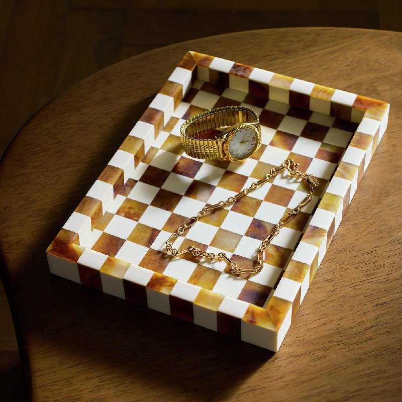 Habitat Checkered Trinket Tray in Brown with Wood and White Resin Inlay