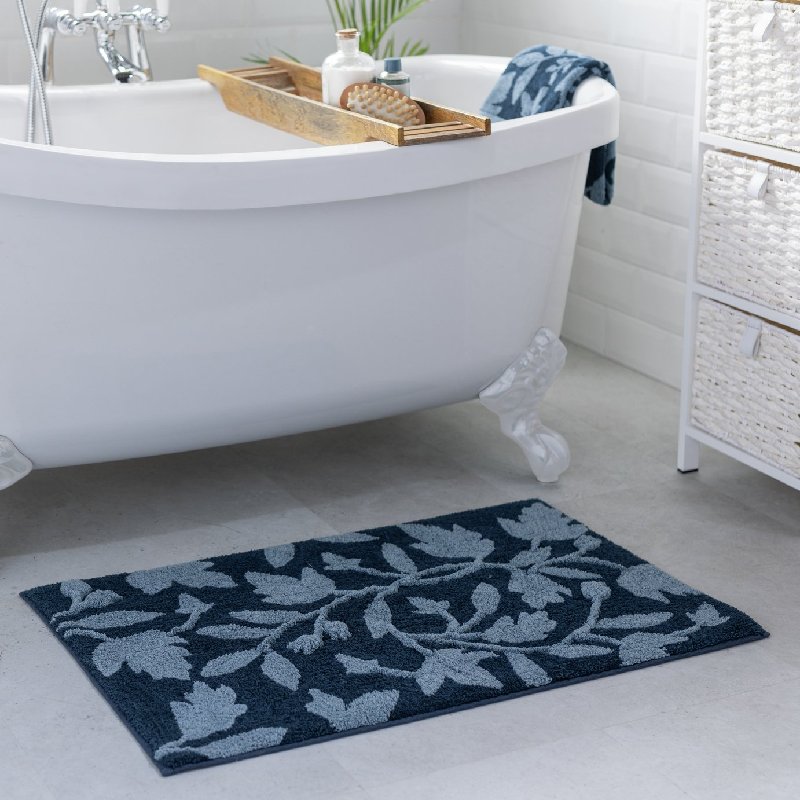 Habitat Botanical Bath Mat in Navy with Foliage Design, 80 x 50 cm