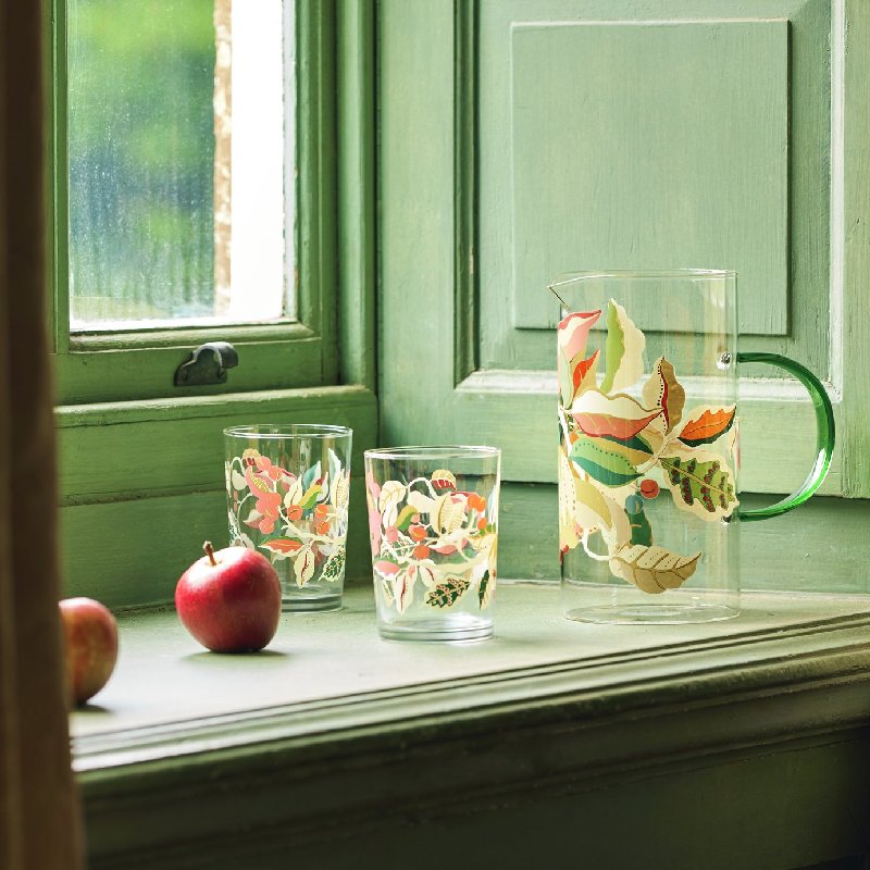 Habitat x Sanderson & National Trust Berries Glass Jug with Green Handle, 2000ml Capacity