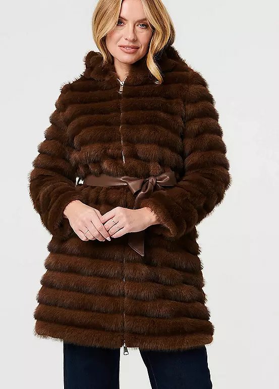 Izabel London Faux Fur Striped Tie Waist Longline Coat