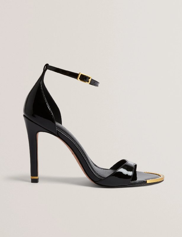 Ted Baker Helliy Black Patent Leather Heeled Sandals with Crystal Detail