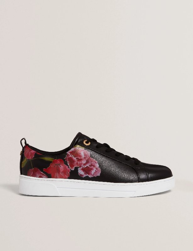Ted Baker Prinell Floral Printed Leather Trainers in Black