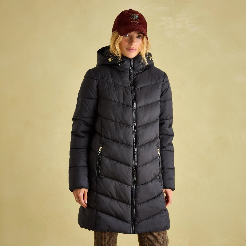 Joules Women's Moorsdale Coat - Black, Longer Length Padded Jacket