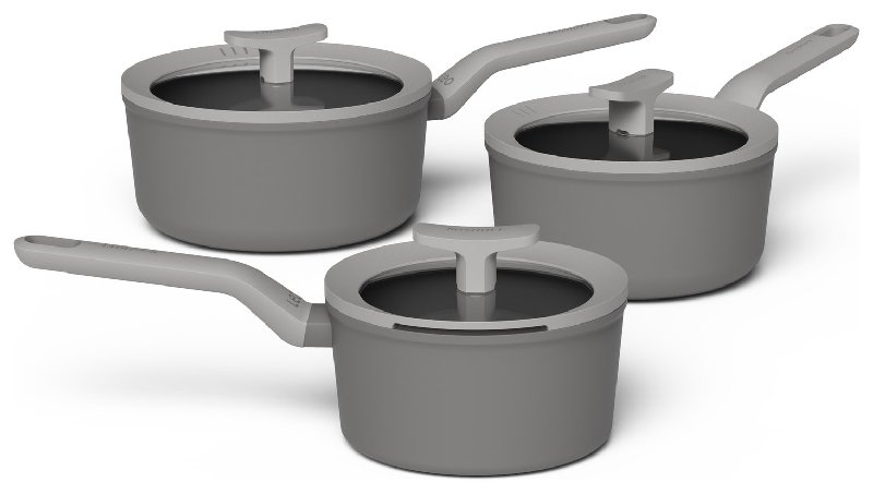 BergHOFF Leo 3 Piece Non-Stick Saucepan Set, 16cm, 18cm, 20cm, Grey