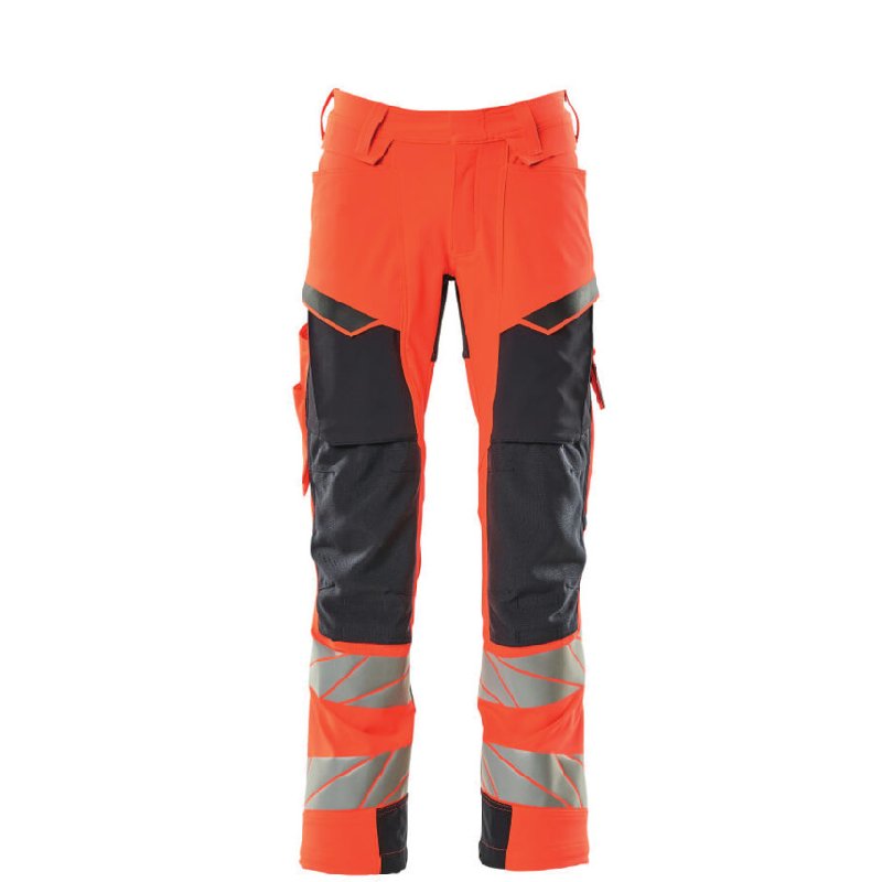 Mascot Accelerate Safe Trousers with Kneepad Pockets - Hi-Vis Red/Dark Navy, Waist 34.5, Regular Leg