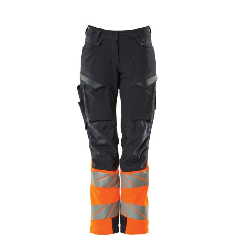 Mascot Accelerate Safe Ladies Diamond Fit Trousers with Kneepad Pockets - Navy/Hi-Vis Orange, Waist 50.5, Short Leg