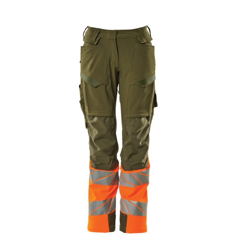 Mascot Accelerate Safe Ladies Diamond Fit Trousers with Kneepad Pockets - Moss Green/Orange, Size 50.5, Regular Leg