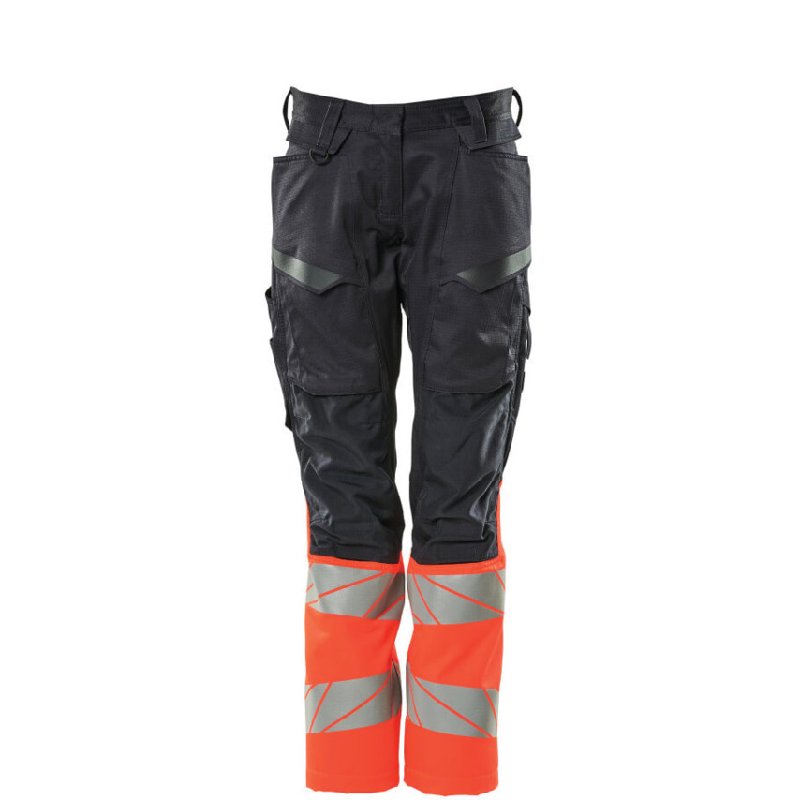 Mascot Accelerate Safe Ladies Diamond Fit Trousers with Kneepad Pockets, Navy/Hi-Vis Red, Waist 30.5, Short Leg
