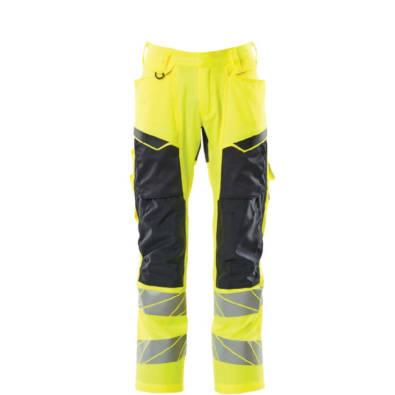 Mascot Accelerate Safe Trousers with Kneepad Pockets, Hi-Vis Yellow/Dark Navy, Waist 33.5, Regular Leg