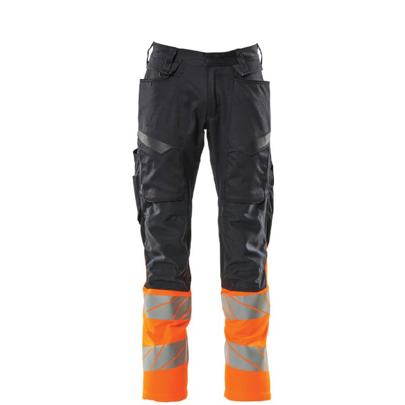 Mascot Accelerate Safe Trousers with Kneepad Pockets - Dark Navy/Hi-Vis Orange, Waist 31.5, Regular Leg