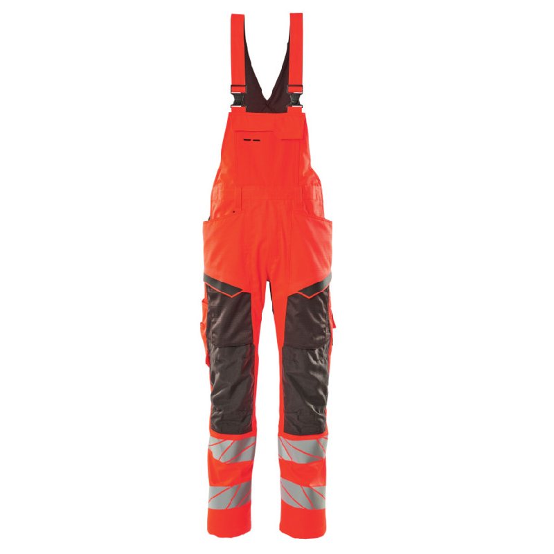Mascot Accelerate Safe Bib and Brace with Kneepad Pockets - Hi-Vis Red/Dark Anthracite, Size 42.5, Short Leg
