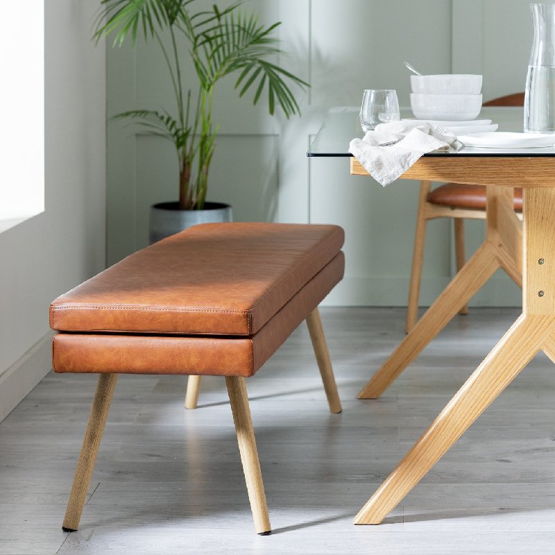 Habitat Lex Faux Leather Dining Bench in Tan with Oak Legs