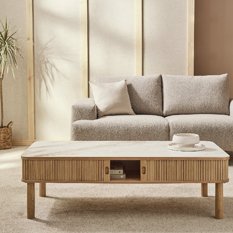 Habitat Lex Coffee Table in Natural with Ceramic Top and Oak Fluting