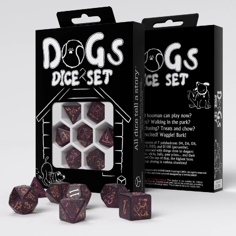 Q-Workshop Dogs Dice Set Luna - 7 Polyhedral Dice with Orange Markings