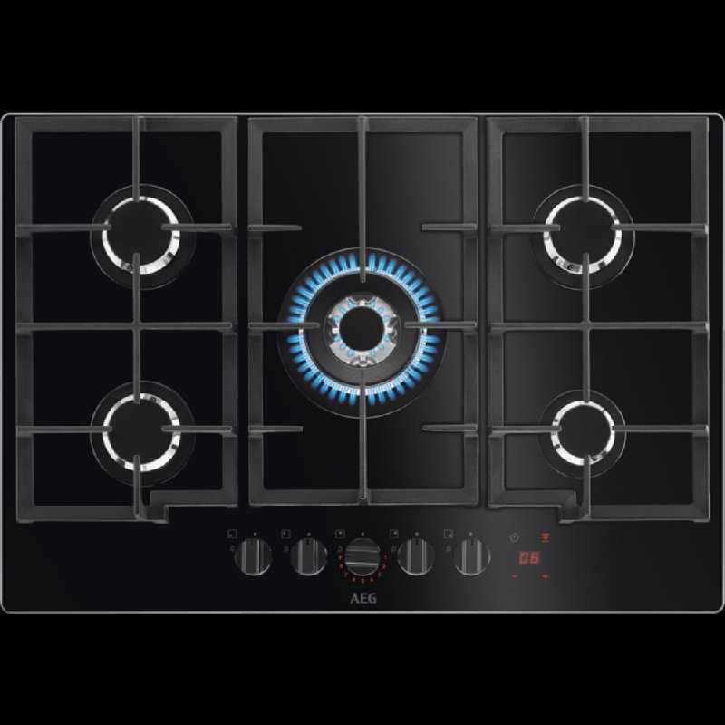 AEG HKB75450NB FlameLight 5 Zone Gas Hob, 74cm, Black Glass