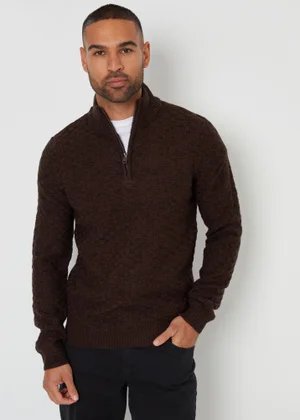 Threadbare Brown Textured Quarter Zip Jumper with Wool