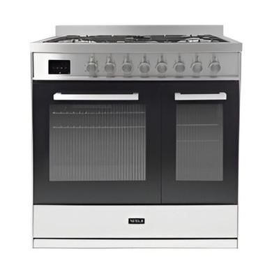 Tesla 90cm Dual Fuel Range Cooker in Stainless Steel with 5-Burner Hob