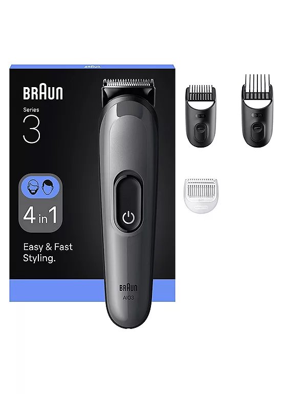 Braun All-In-One Series 3 4-in-1 Grooming Kit AIO3500 with Ultra Sharp Blade, 14 Length Settings, Grey