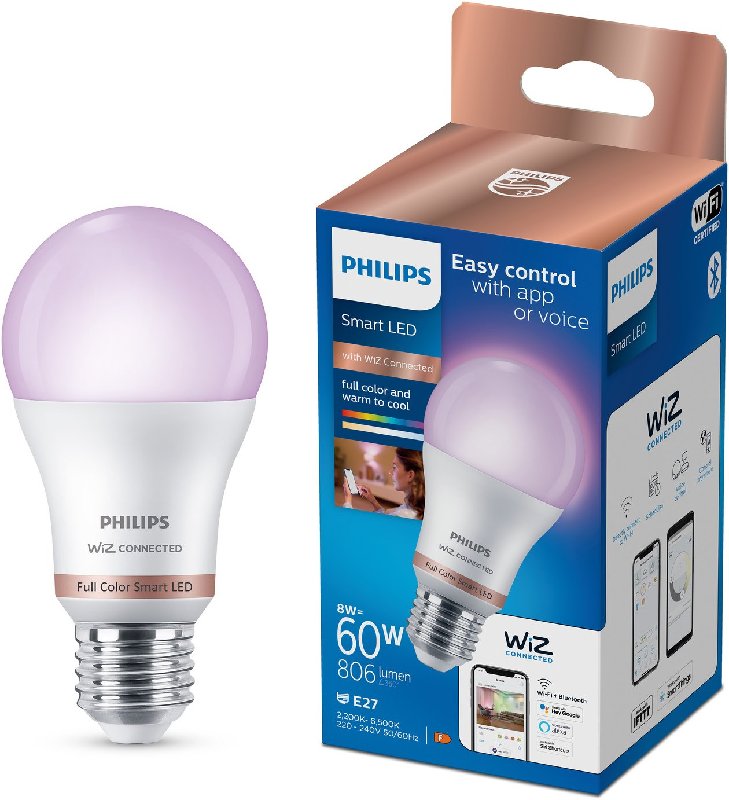 Philips WiZ E27 Colour Smart LED Wi-Fi Bulb, A60 Shape, 8W