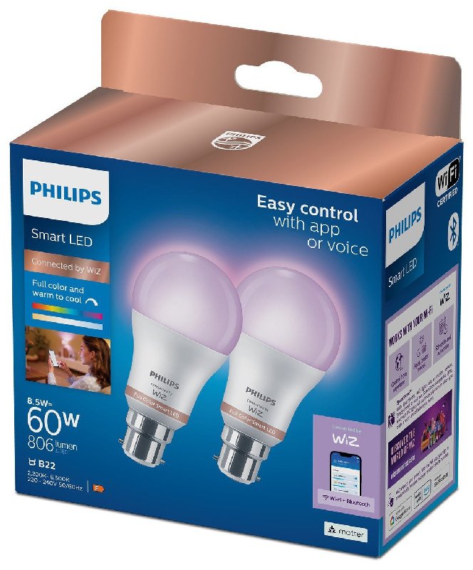 Philips WiZ A60 B22 Colour Smart LED Light Bulb - Pack of 2