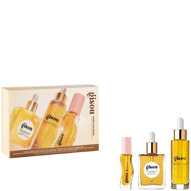 Gisou Honeycare Heroes Trio: Honey Infused Hair Oil 20ml, Hair Repair Serum 30ml & Lip Oil 8ml