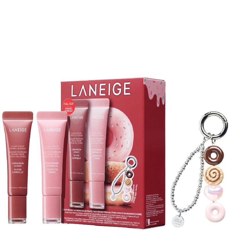 Laneige Glaze Craze Tinted Lip Serum Duo Set with Donut Keyring - Strawberry Sprinkles & Cinnamon Sugar