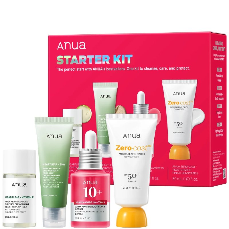 Anua Starter Kit with Sunscreen, Serum, Cleansing Oil and Foam