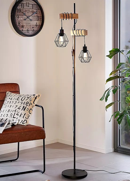 EGLO Townshend 5 Black/Natural Metal & Wood 2-Light Industrial Floor Lamp